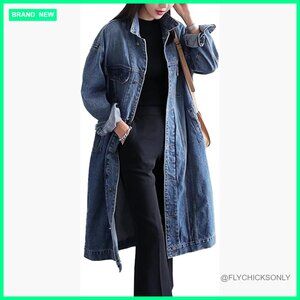 Denim Trench Coat Long Sleeve Button Down Plus Size Loose Fit